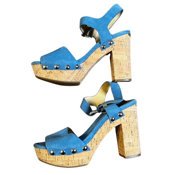 MICHAEL Michael Kors Shoes - Michael Kors Studded Suede Platform Cork Block Chunky Heeled Sandal Sz 7.5 Blue